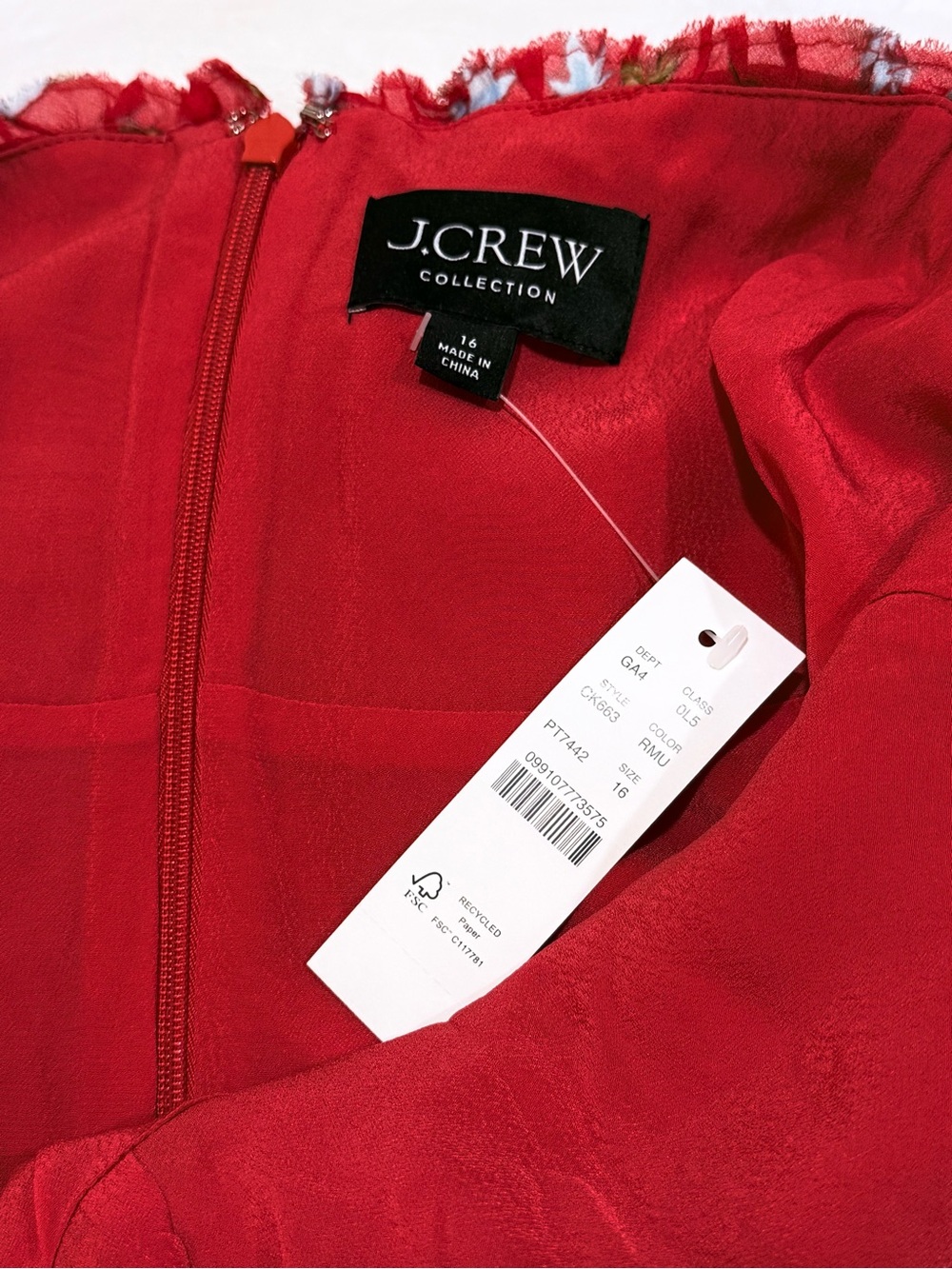 NWT J. Crew Collection Red Floral Spaghetti-Strap Ruched Chiffon Dress - Picture 2 of 9